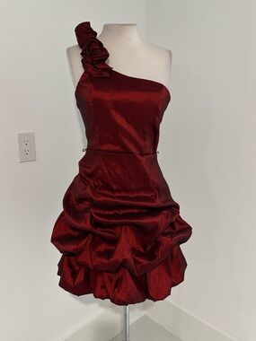 Dots One-Shoulder Deep Red Ruffle Cocktail Dress #137